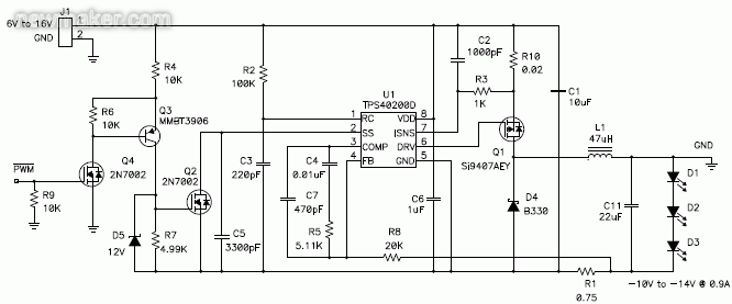 利用負輸出電壓，以升降壓拓樸調(diào)節(jié)恒定LED電流