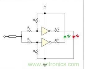 在雙門構(gòu)成的CMOS/TTL兼容探頭中，R1至R4電阻網(wǎng)絡(luò)對反相器輸入端做偏置