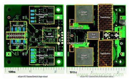 圖6：采用eGaN FET設(shè)計的48V至53V半磚PSE轉(zhuǎn)換器的頂視圖和底視圖(單位為英寸)。