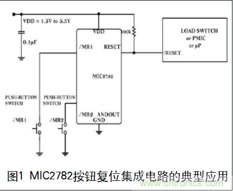 圖1 MIC2782按鈕復位集成電路的典型應(yīng)用