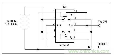 該電路檢測電池極性，并迅速接通負(fù)載或切換電池極性
