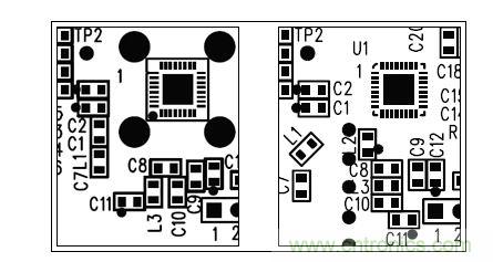  圖中所示為兩種不同的PCB布局，其中一種布局的元件排列方向不合理（L1和L3），另一種的方向排列則更為合適。