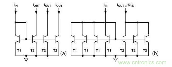 （a） 多級電流鏡 （b） 非整數(shù)比例電流鏡可將3個(gè)T2集電極結(jié)合起來，得到3IIN