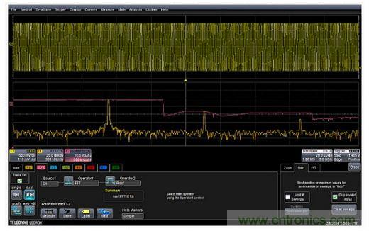 紅色曲線F2(中心)顯示了掃頻正弦波FFT中的每個頻率的峰值或最大值。曲線F1(底部)是沒有應(yīng)用最高或最大值的FFT。F2描述符盒子顯示了最高功能的設(shè)置