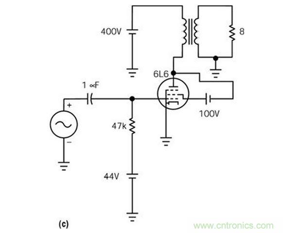 五極管（a）能輸出比三極管（b）大得多的功率，但采用升壓三極管配置除外（c）