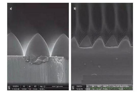 圖案化藍(lán)寶石基板通過(guò)光致抗蝕劑掩膜在電感耦合等離子體干法反應(yīng)性腐蝕保持良好剛性結(jié)構(gòu)（如圖a）,然而，如果光致抗蝕劑掩膜的剛性結(jié)構(gòu)在抗蝕過(guò)程中沒(méi)有得到保持，那么結(jié)果會(huì)很差（如圖b）