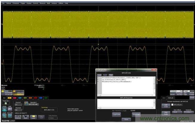 這個(gè)嵌入式MATLAB腳本用于解調(diào)調(diào)頻載波，并顯示調(diào)制波形。編輯框允許用戶不離開(kāi)示波器環(huán)境就能完成腳本的創(chuàng)建或編輯。