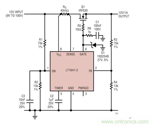 過壓瞬態(tài)保護器將輸出箝位在24V左右，如果輸入降至低于9V就斷接
