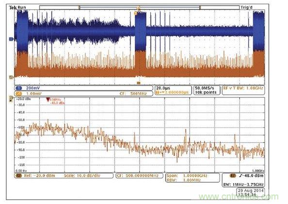 使用示波器模擬通道上的無(wú)源探針找出與射頻關(guān)聯(lián)的信號(hào)。