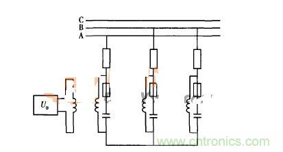 利用放電線(xiàn)圈構(gòu)成的零序電壓保護(hù)接線(xiàn)圖