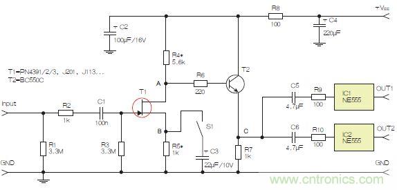 圖3：采用兩個工作在不同頻率下的555定時器電路，以獲取不同的音效。