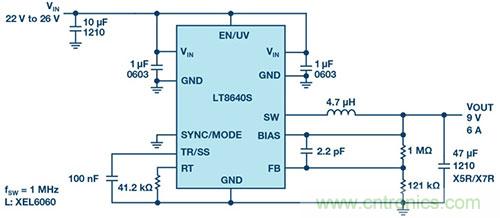 42 V、6 A（峰值7 A）、超低EMI輻射、高效率降壓型穩(wěn)壓器