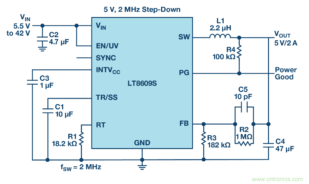 具 2.5 &mu;A 靜態(tài)電流和超低 EMI 輻射的 42 V、2 A/3 A 峰值同步降壓型穩(wěn)壓器