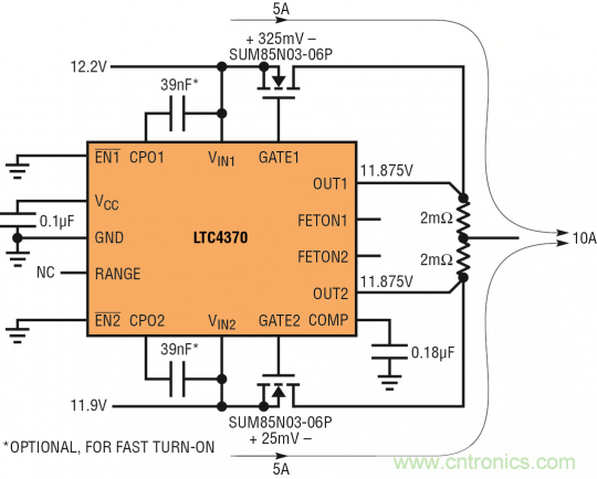 針對(duì)三個(gè)或四個(gè)電源的簡(jiǎn)易平衡負(fù)載均分，即使電源電壓不等也絲毫不受影響