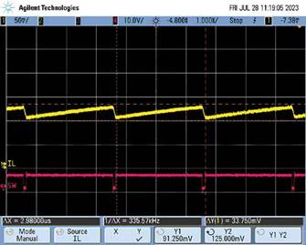  圖9.負(fù)載調(diào)整和折返頻率。隨著負(fù)載增大，頻率會(huì)折返以維持穩(wěn)定的輸出電壓。  在圖9中可以看到，隨著負(fù)載增加，器件頻率會(huì)折返以保持恒定的輸出電壓。器件在DCM下運(yùn)行至約0.28 A，這就是頻率下降到約495 kHz然后又回升至657 kHz的原因。以657 kHz的頻率運(yùn)行時(shí)，器件可以保持正常操作，直至負(fù)載達(dá)到0.7 A。此時(shí)頻率降低以保持適當(dāng)?shù)妮敵鲭妷?，直至?fù)載達(dá)到1.4 A左右。發(fā)生這種情況時(shí)，器件無法在保持輸出電壓的同時(shí)將頻率降低到100 kHz以下（該器件指定的最低反饋頻率），因此輸出電壓開始下降。  這個(gè)問題的解決辦法不像違反最小導(dǎo)通時(shí)間規(guī)范那么簡單。設(shè)計(jì)人員通常需要滿足特定的輸入電壓和輸出電壓要求，因此無法隨意更改占空比來延長關(guān)斷時(shí)間。如果設(shè)計(jì)人員可以提供更大的輸入電壓，則器件將以設(shè)定的頻率工作，因?yàn)檩^小占空比會(huì)防止器件違反最小關(guān)斷時(shí)間規(guī)范。這一點(diǎn)可以從圖10中看出，其中器件以設(shè)定的2 MHz頻率運(yùn)行。